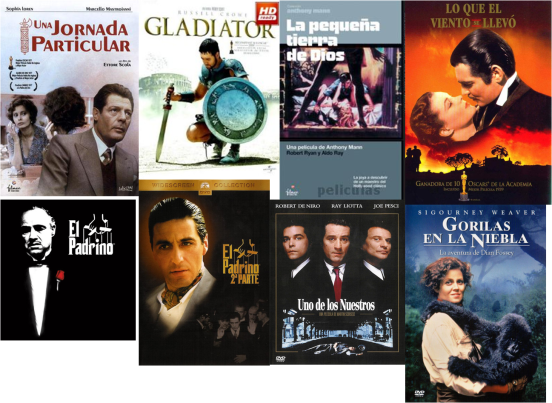 Afiches de Una Jornada Particular, El Gladiador, La Pequeña Tierra de Dios, Lo que el viento se llevó, El Padrino I y II, Uno de los Nuestros, Gorilas en la niebla