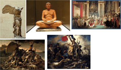 La Victoria Alada de Samotracia, El escriba sentado, La coronación de Napoleón, La balsa de la Medusa,  La Libertad guiando al pueblo