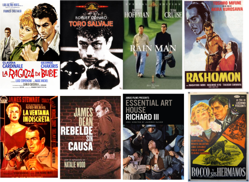 Afiches de La chica de Bube, Toro Salvaje, Rain Man, Rashomon, La ventana indiscreta, Rebelde sin causa, Richard III, Rocco y sus hermanos