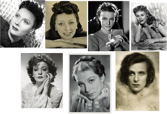 Fila superior de izq a der Arletty, Rosita Serrano, Ilse Werner, Marika Rökk, Fila inferior de izq a der Zarah Leander, Brigitte Horney y Leni Riefenstahl