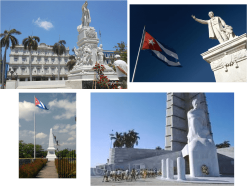 Monumentos a Martí en el Parque Central de la Habana, en Cienfuegos, en Dos Ríos y en la Plaza de la Revolución en la Habana