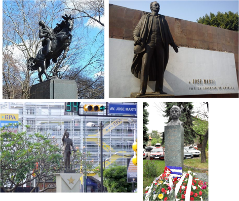 Monumentos a Martí en el Parque Central de Nueva York, en Ciudad México, en Chacaito, Caracas y en Cayo Hueso, EE.UU.