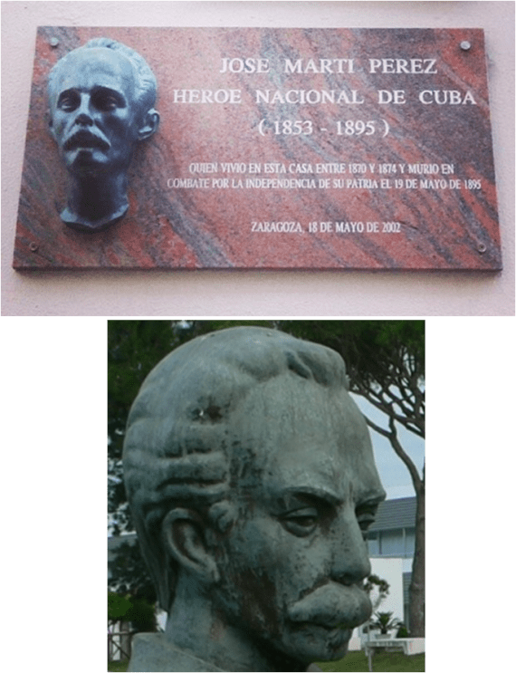Tarja a José Martí en Zaragoza y monumento en Palos de la Frontera, España