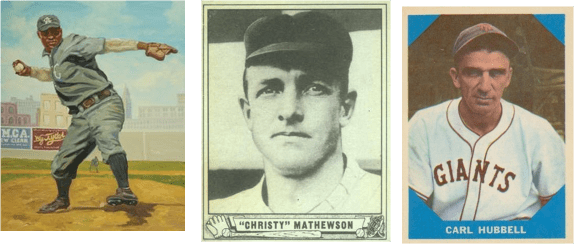 Tres ases de la screwball Rube Foster, Christy Mathewson y Carl Hubbell