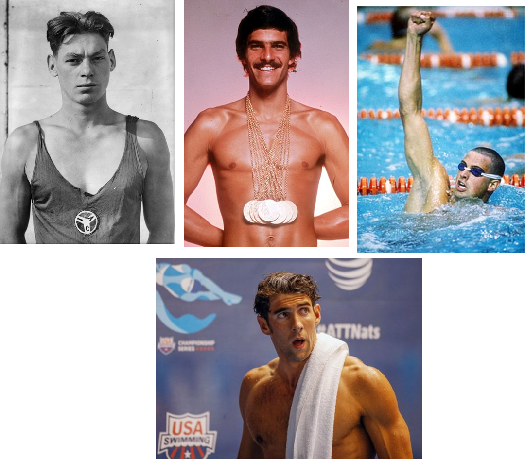 Cuatro astros de la natación olímpica y norteamericana, Johnny Weissmuller, Mark Spitz, Matt Biondi y Michael Phelps