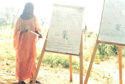 Una mujer agricultora explica sobre el comport