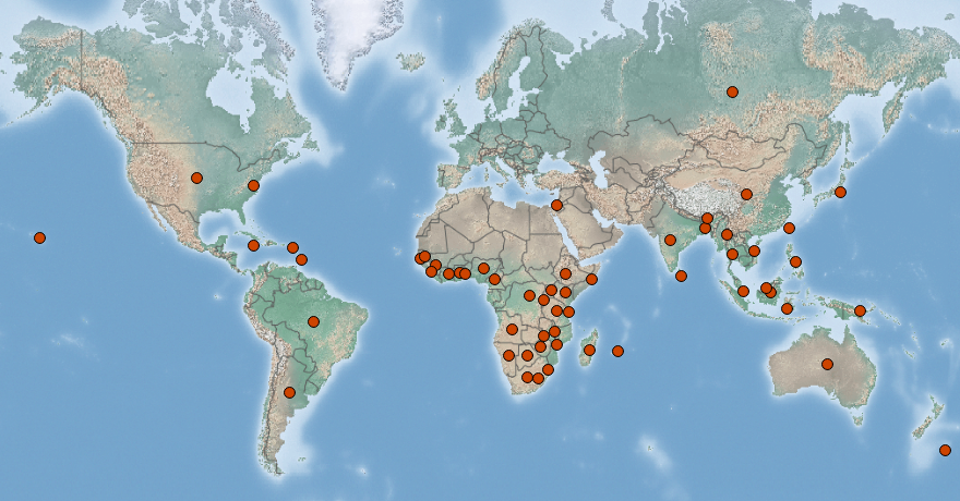Mapa de distribución de Commelina benghalensis